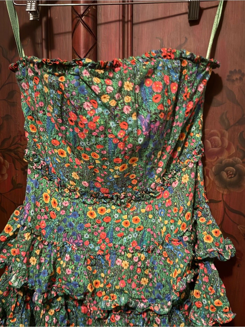 Mac Duggal Green Floral Strapless Tiered Ruffle Maxi Dress - Picture 5 of 7